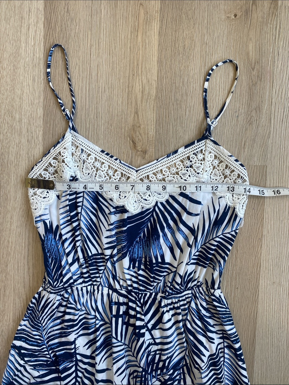 Molly Bracken Tropical Palm Print Midi Dress Lace Trim Blue White Sundress Small - Picture 10 of 12